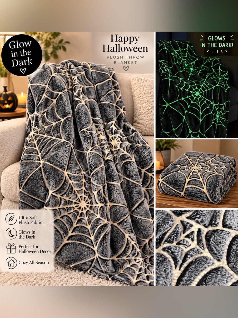 Cozy Goth • Glow in the Dark Spiderweb Plush Throw Blanket 50”x70”